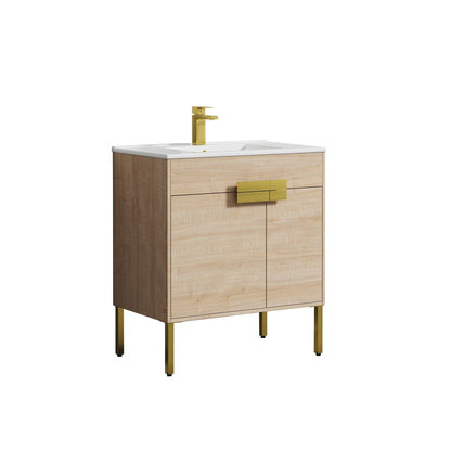 Blossom Bari 30" 2-Door Maple Freestanding Single Vanity Base With Adjustable Shelf, Brushed Gold Handles & Legs