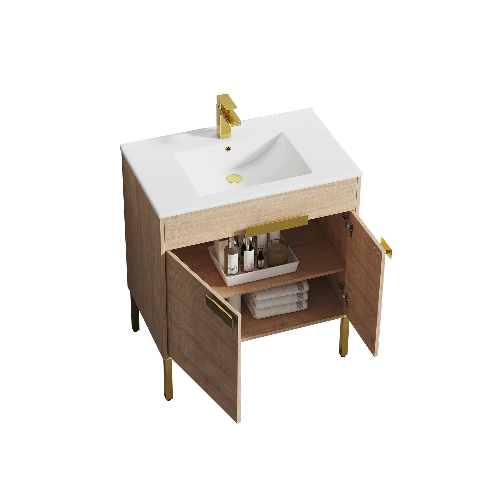 Blossom Bari 30" 2-Door Maple Freestanding Single Vanity Base With Adjustable Shelf, Brushed Gold Handles & Legs