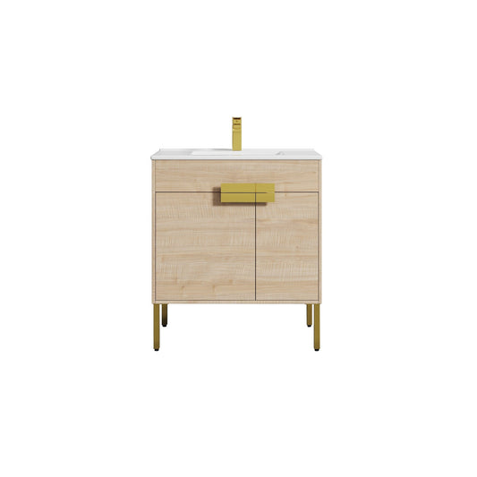 Blossom Bari 30" 2-Door Maple Freestanding Single Vanity Base With Adjustable Shelf, Brushed Gold Handles & Legs