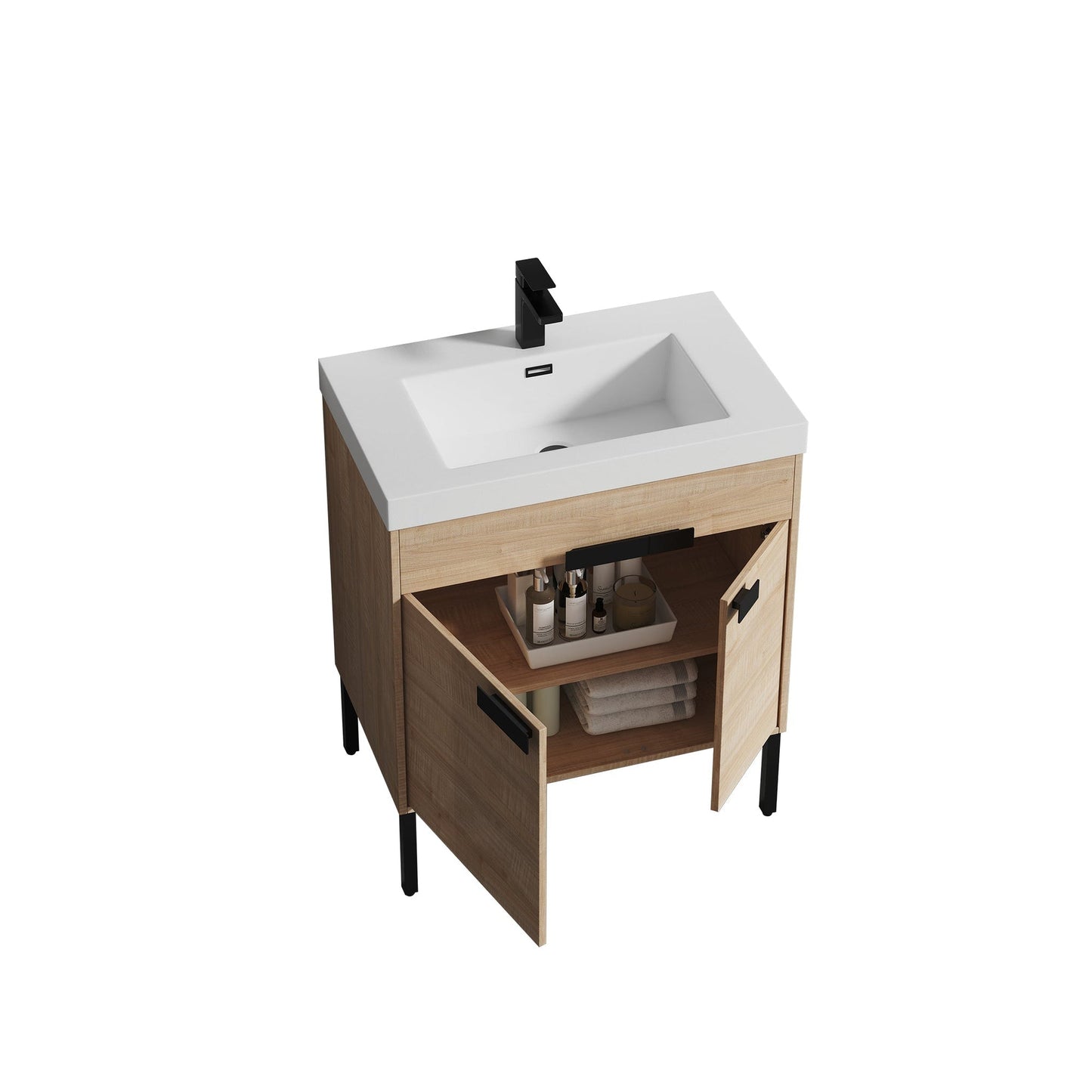 Blossom Bari 30" 2-Door Maple Freestanding Single Vanity Base With Adjustable Shelf, Matte Black Handles & Legs