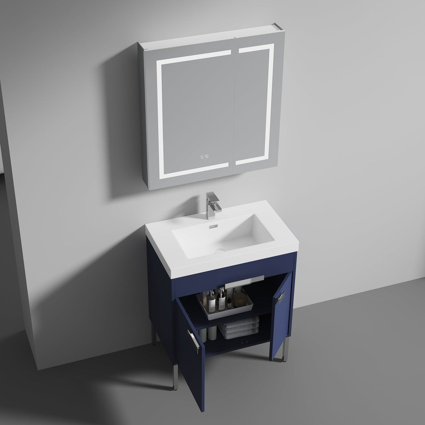 Blossom Bari 30" 2-Door Navy Blue Freestanding Single Vanity Base With Adjustable Shelf, Chrome Handles & Legs