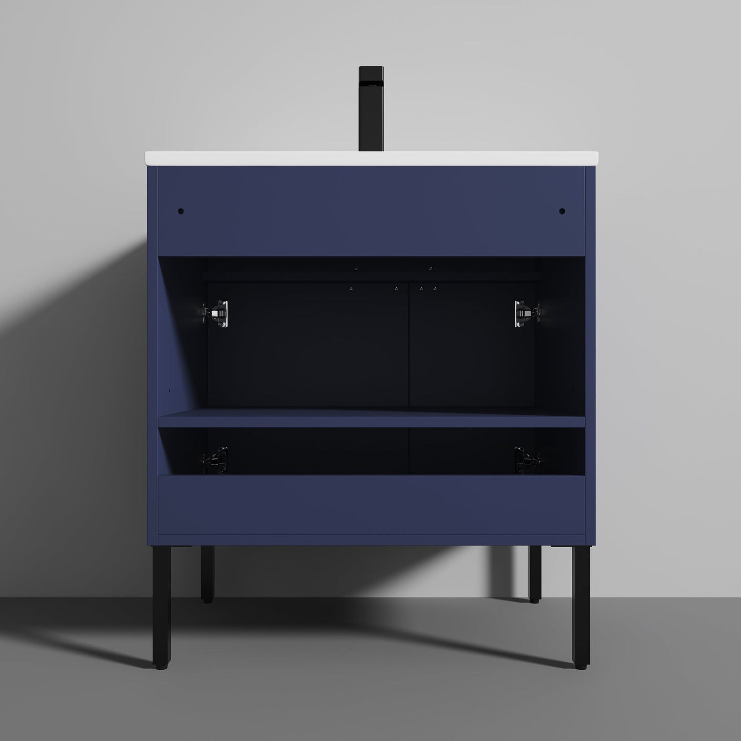 Blossom Bari 30" 2-Door Navy Blue Freestanding Single Vanity Base With Adjustable Shelf, Matte Black Handles & Legs