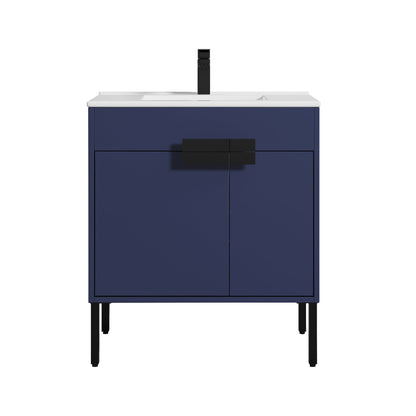 Blossom Bari 30" 2-Door Navy Blue Freestanding Single Vanity Base With Adjustable Shelf, Matte Black Handles & Legs