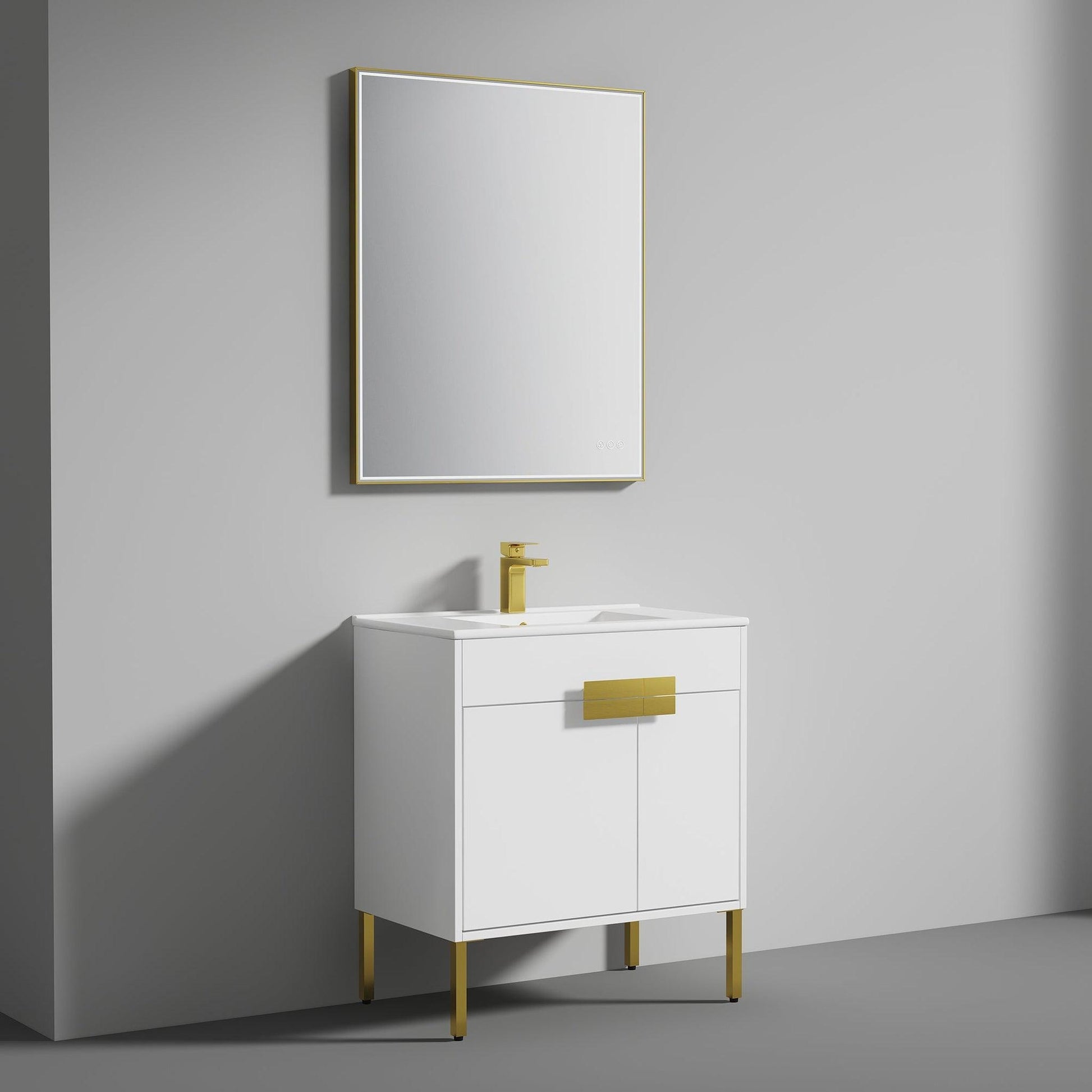Blossom Bari 30" 2-Door White Freestanding Single Vanity Base With Adjustable Shelf, Brushed Gold Handles & Legs
