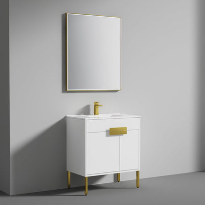 Blossom Bari 30" 2-Door White Freestanding Single Vanity Base With Adjustable Shelf, Brushed Gold Handles & Legs