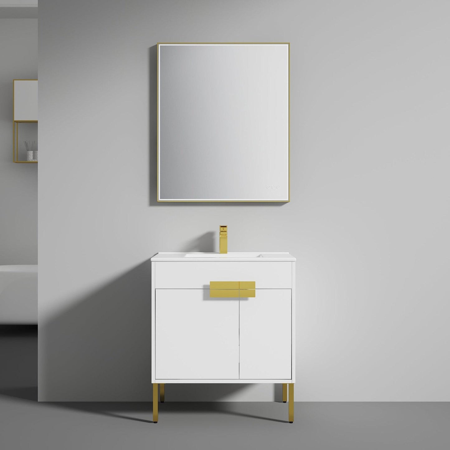 Blossom Bari 30" 2-Door White Freestanding Single Vanity Base With Adjustable Shelf, Brushed Gold Handles & Legs