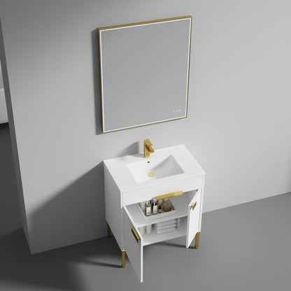 Blossom Bari 30" 2-Door White Freestanding Single Vanity Base With Adjustable Shelf, Brushed Gold Handles & Legs