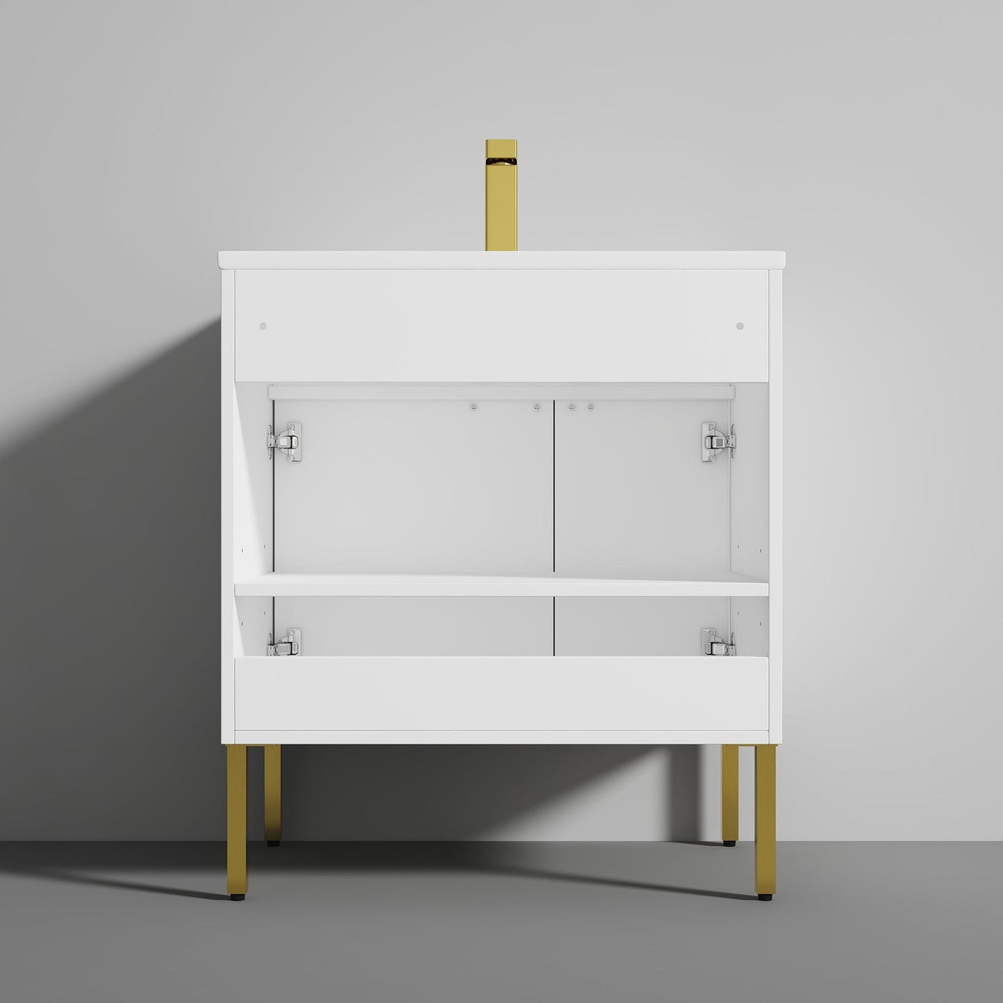 Blossom Bari 30" 2-Door White Freestanding Single Vanity Base With Adjustable Shelf, Brushed Gold Handles & Legs