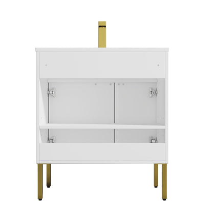 Blossom Bari 30" 2-Door White Freestanding Single Vanity Base With Adjustable Shelf, Brushed Gold Handles & Legs