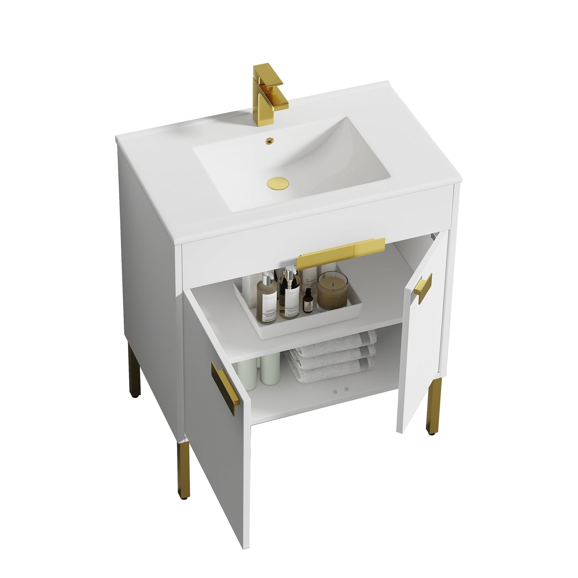 Blossom Bari 30" 2-Door White Freestanding Single Vanity Base With Adjustable Shelf, Brushed Gold Handles & Legs