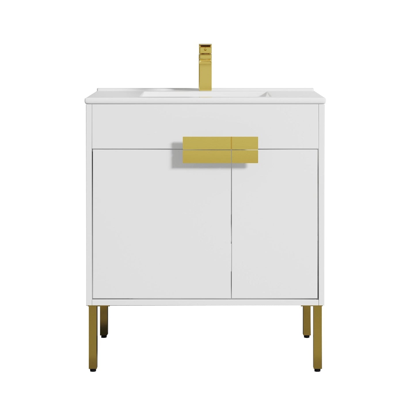 Blossom Bari 30" 2-Door White Freestanding Single Vanity Base With Adjustable Shelf, Brushed Gold Handles & Legs