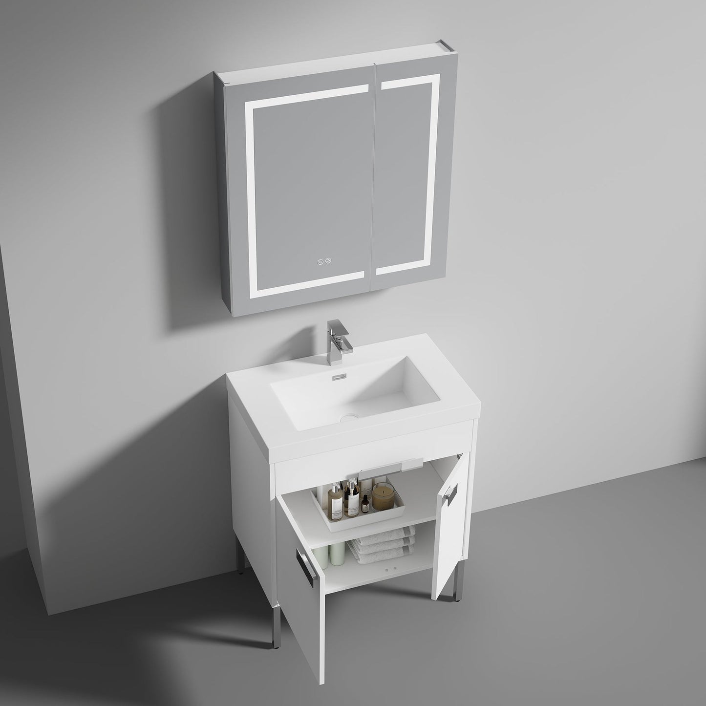Blossom Bari 30" 2-Door White Freestanding Single Vanity Base With Adjustable Shelf, Chrome Handles & Legs