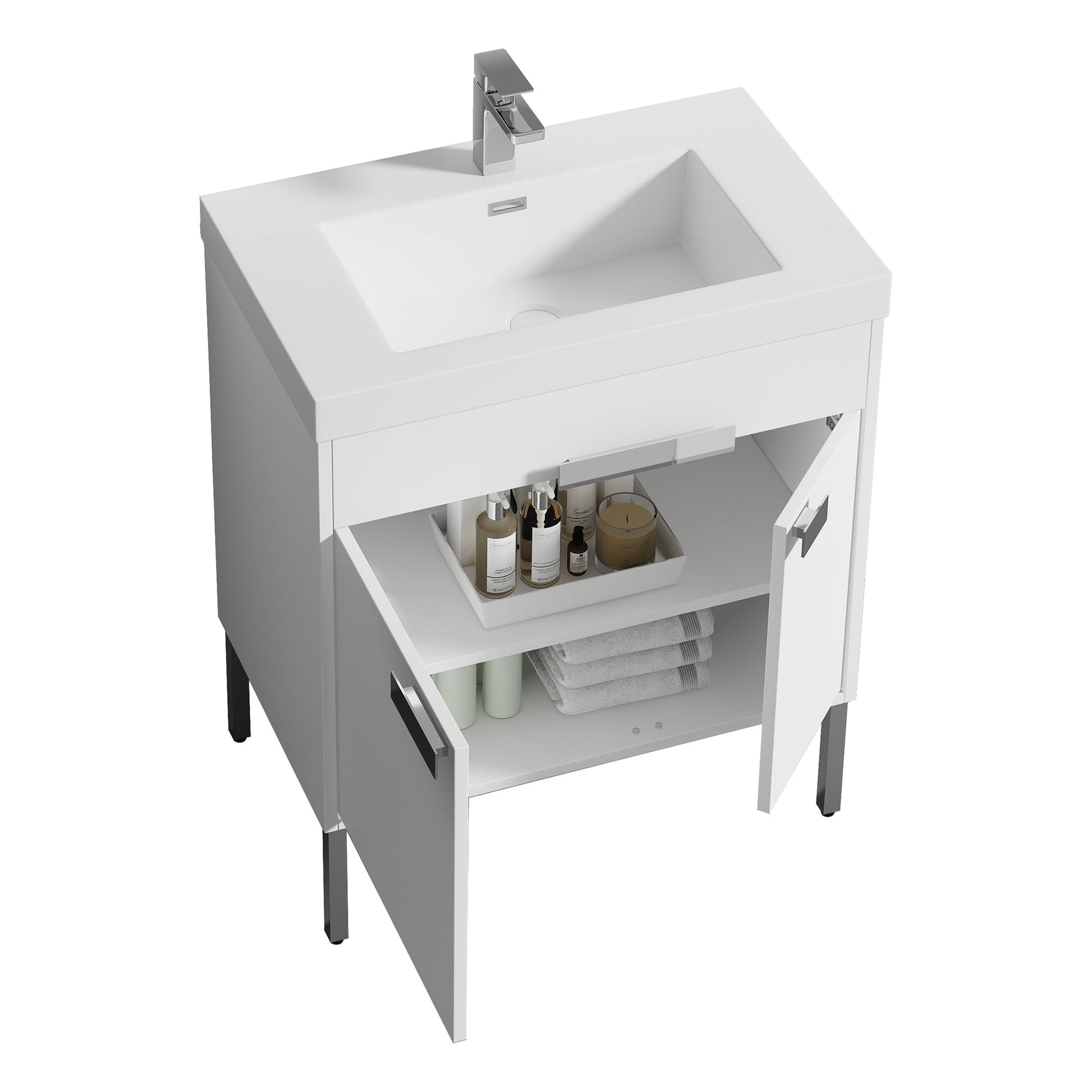 Blossom Bari 30" 2-Door White Freestanding Single Vanity Base With Adjustable Shelf, Chrome Handles & Legs