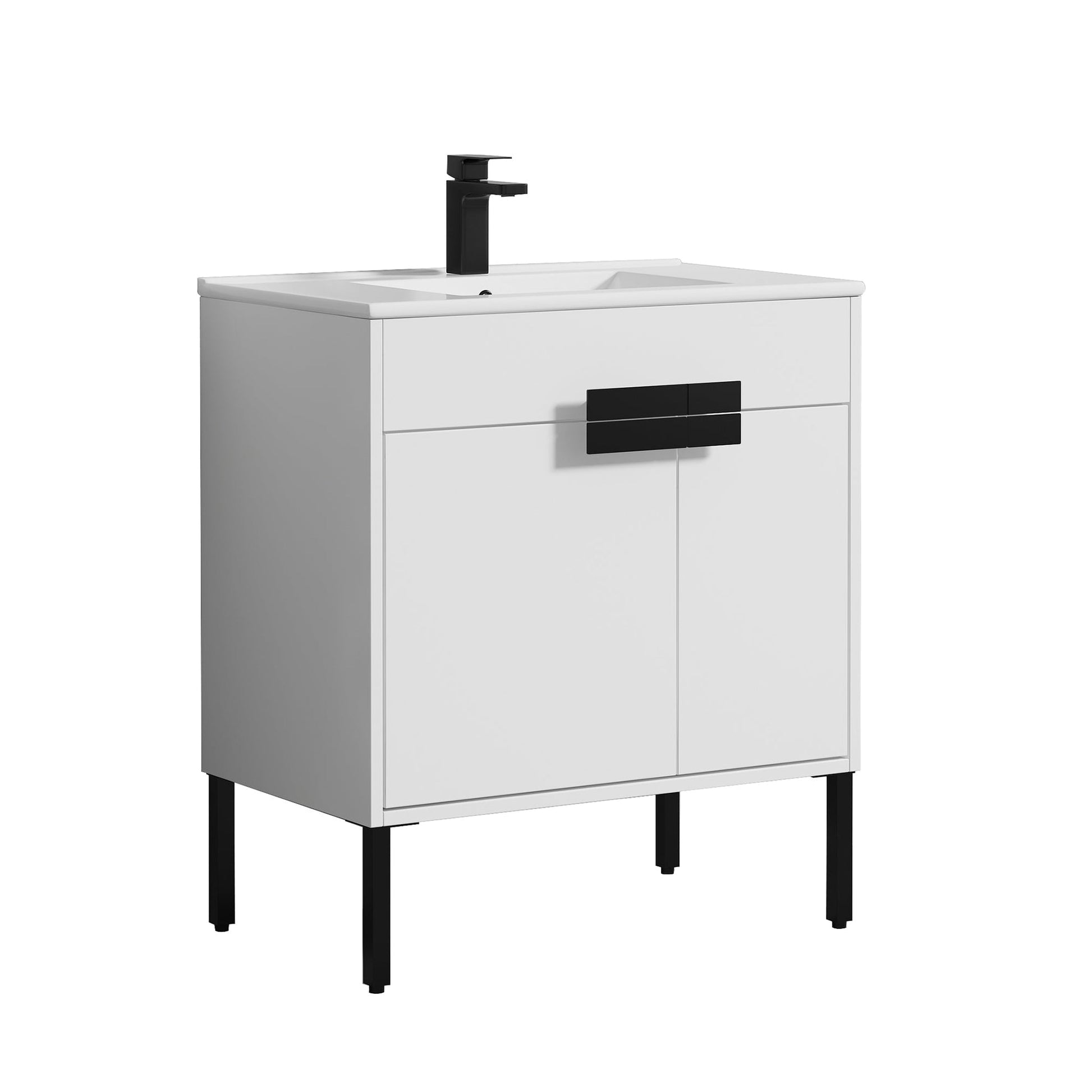 Blossom Bari 30" 2-Door White Freestanding Single Vanity Base With Adjustable Shelf, Matte Black Handles & Legs