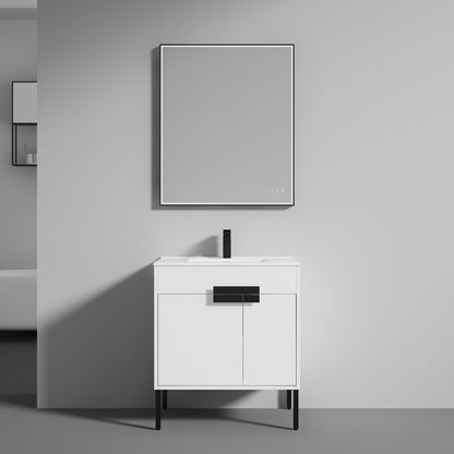 Blossom Bari 30" 2-Door White Freestanding Single Vanity Base With Adjustable Shelf, Matte Black Handles & Legs