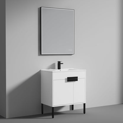 Blossom Bari 30" 2-Door White Freestanding Single Vanity Base With Adjustable Shelf, Matte Black Handles & Legs