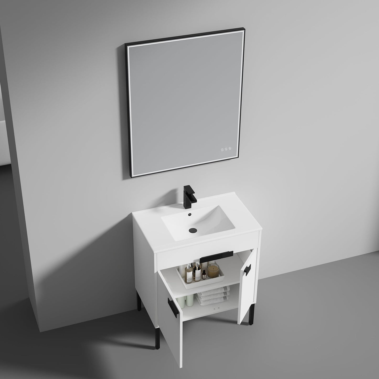 Blossom Bari 30" 2-Door White Freestanding Single Vanity Base With Adjustable Shelf, Matte Black Handles & Legs