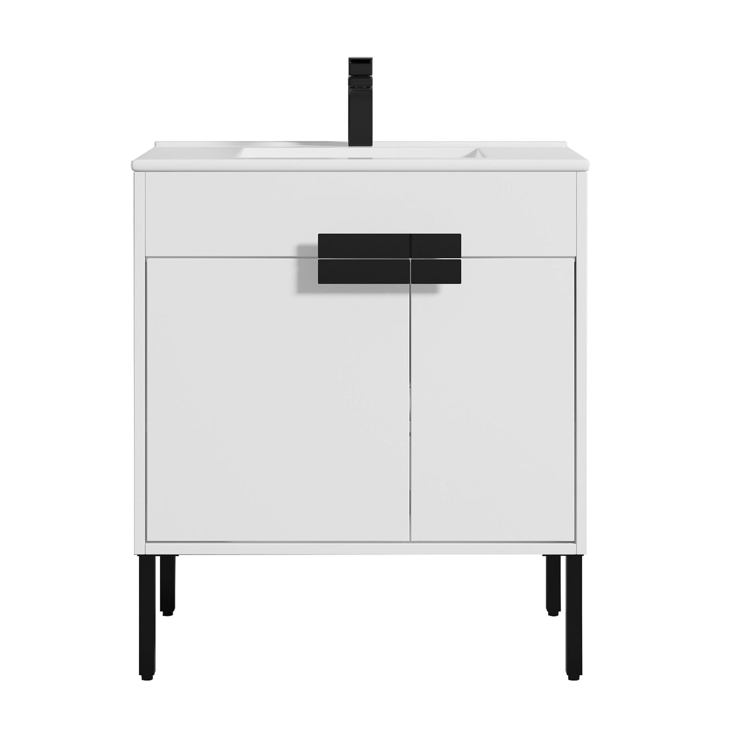 Blossom Bari 30" 2-Door White Freestanding Single Vanity Base With Adjustable Shelf, Matte Black Handles & Legs