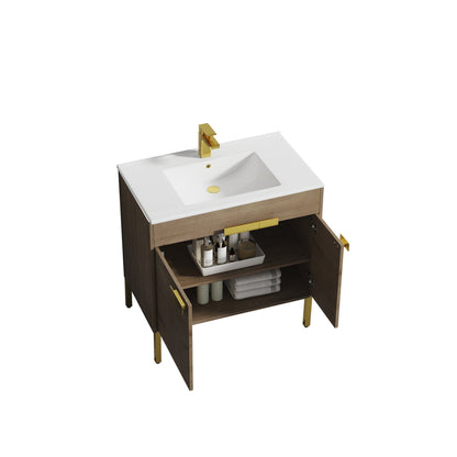 Blossom Bari 36" 2-Door Classic Oak Freestanding Single Vanity Base With Adjustable Shelf, Brushed Gold Handles & Legs