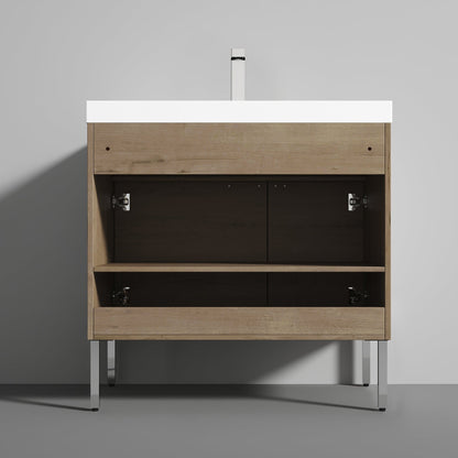 Blossom Bari 36" 2-Door Classic Oak Freestanding Single Vanity Base With Adjustable Shelf, Chrome Handles & Legs