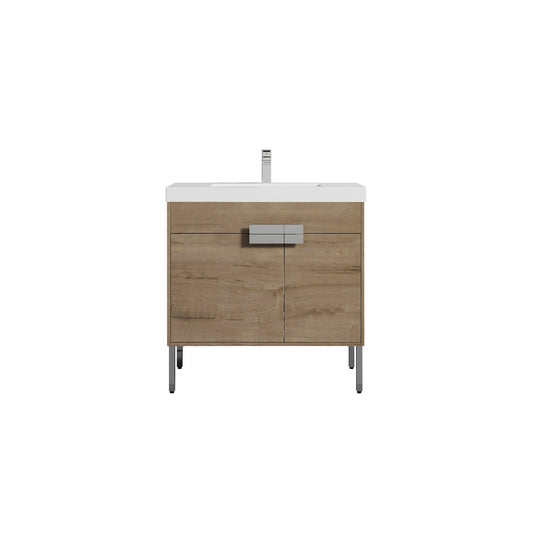 Blossom Bari 36" 2-Door Classic Oak Freestanding Single Vanity Base With Adjustable Shelf, Chrome Handles & Legs