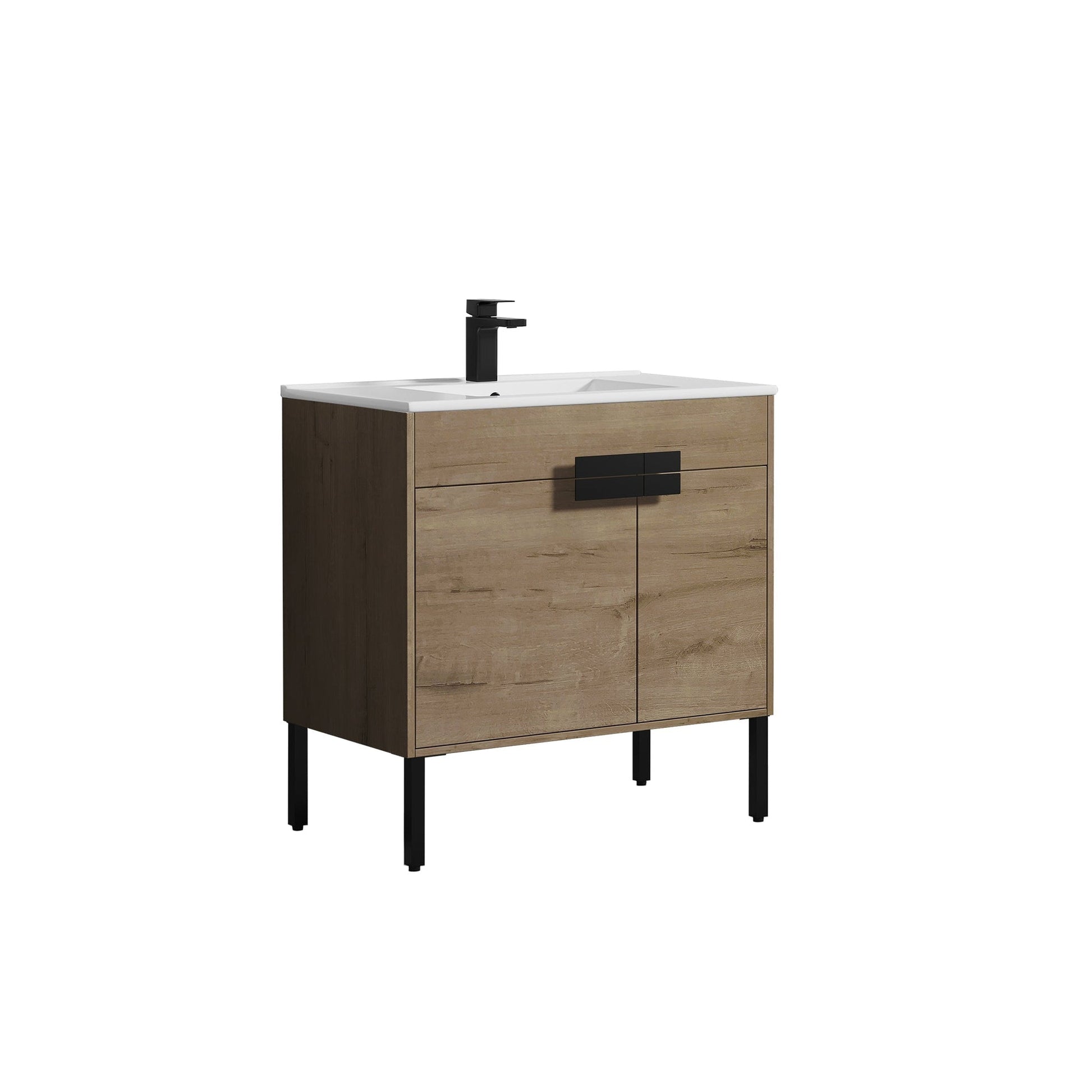 Blossom Bari 36" 2-Door Classic Oak Freestanding Single Vanity Base With Adjustable Shelf, Matte Black Handles & Legs