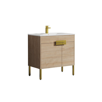 Blossom Bari 36" 2-Door Maple Freestanding Single Vanity Base With Adjustable Shelf, Brushed Gold Handles & Legs