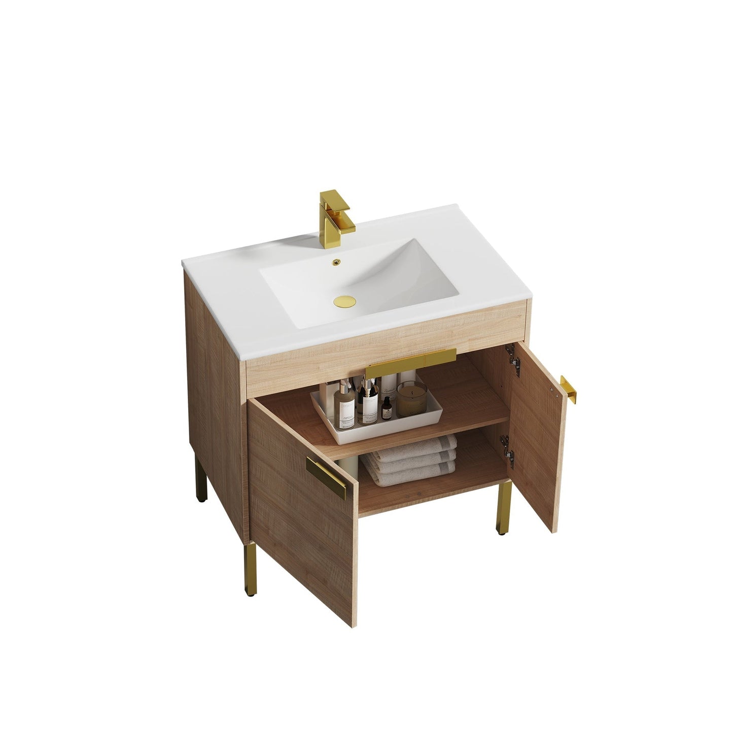 Blossom Bari 36" 2-Door Maple Freestanding Single Vanity Base With Adjustable Shelf, Brushed Gold Handles & Legs