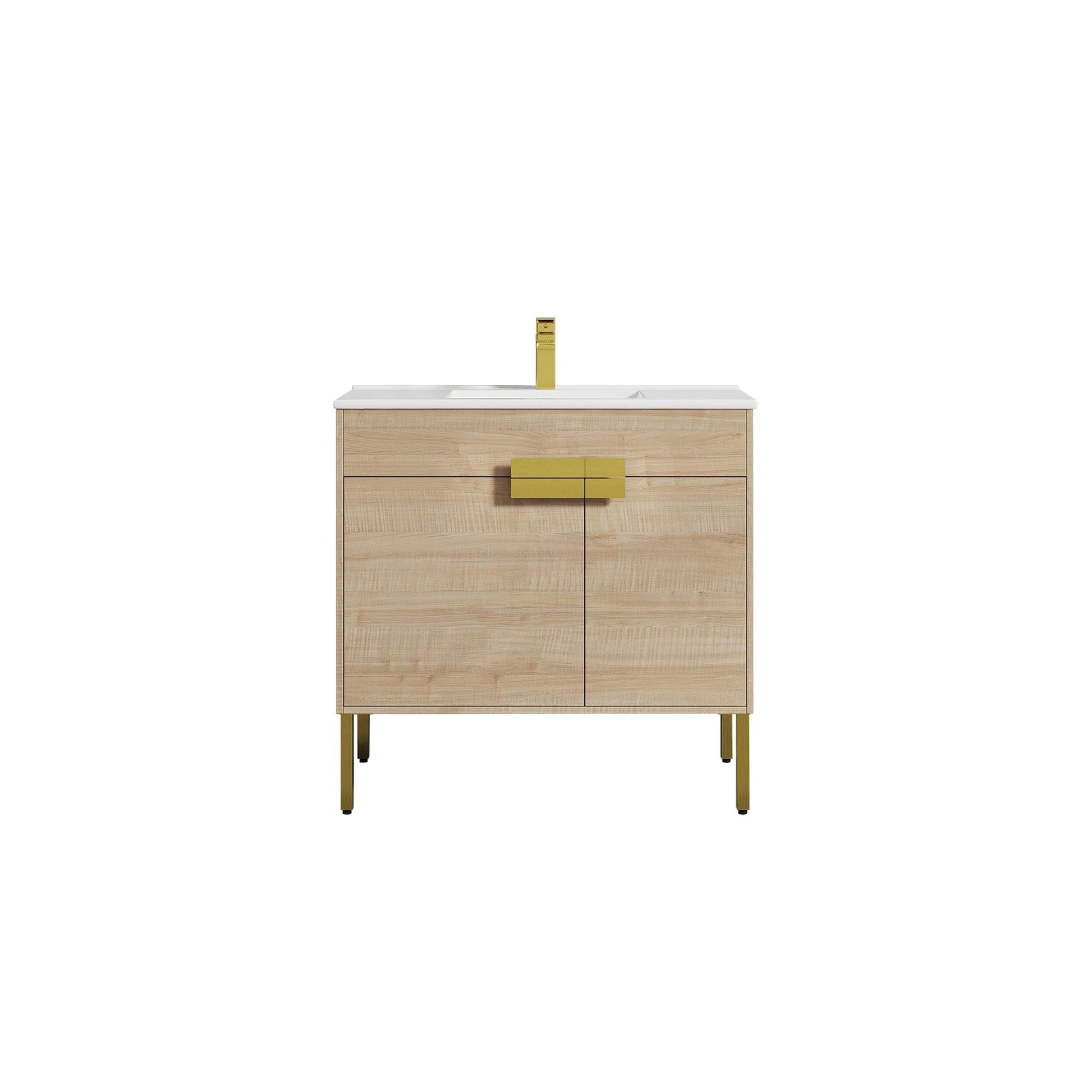 Blossom Bari 36" 2-Door Maple Freestanding Single Vanity Base With Adjustable Shelf, Brushed Gold Handles & Legs