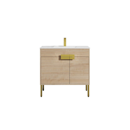 Blossom Bari 36" 2-Door Maple Freestanding Single Vanity Base With Adjustable Shelf, Brushed Gold Handles & Legs