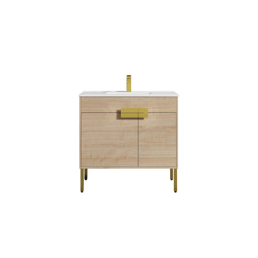 Blossom Bari 36" 2-Door Maple Freestanding Single Vanity Base With Adjustable Shelf, Brushed Gold Handles & Legs