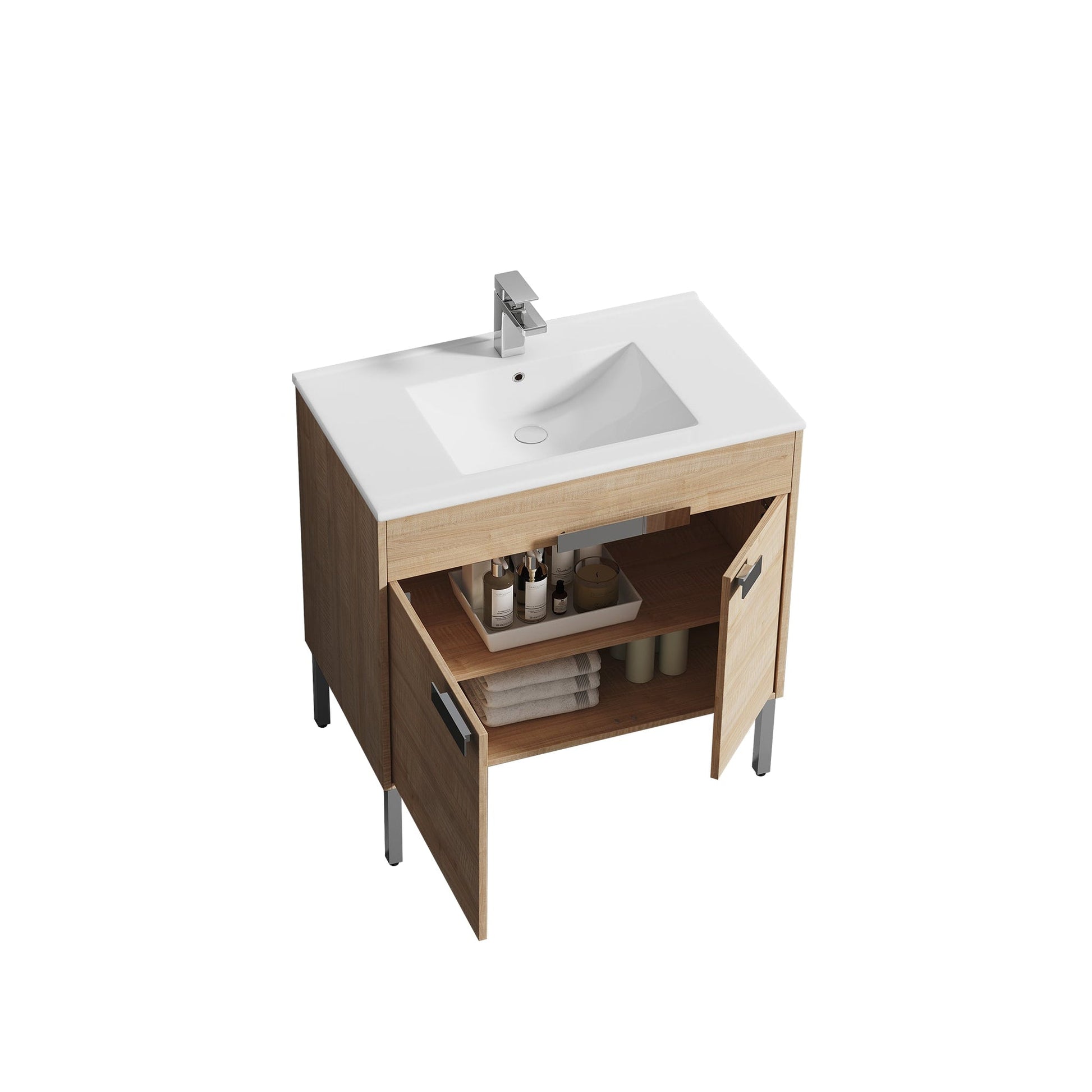 Blossom Bari 36" 2-Door Maple Freestanding Single Vanity Base With Adjustable Shelf, Chrome Handles & Legs