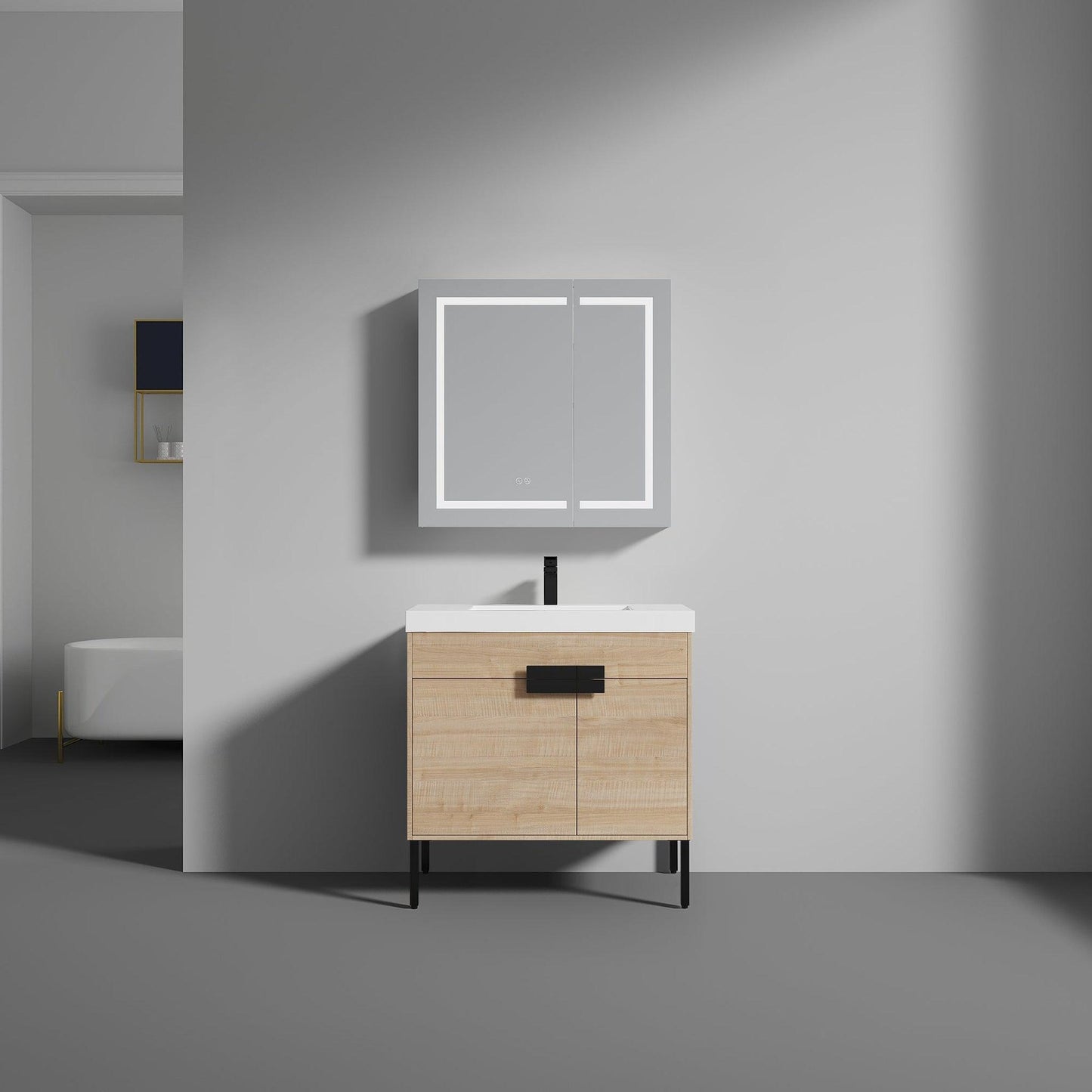 Blossom Bari 36" 2-Door Maple Freestanding Single Vanity Base With Adjustable Shelf, Matte Black Handles & Legs
