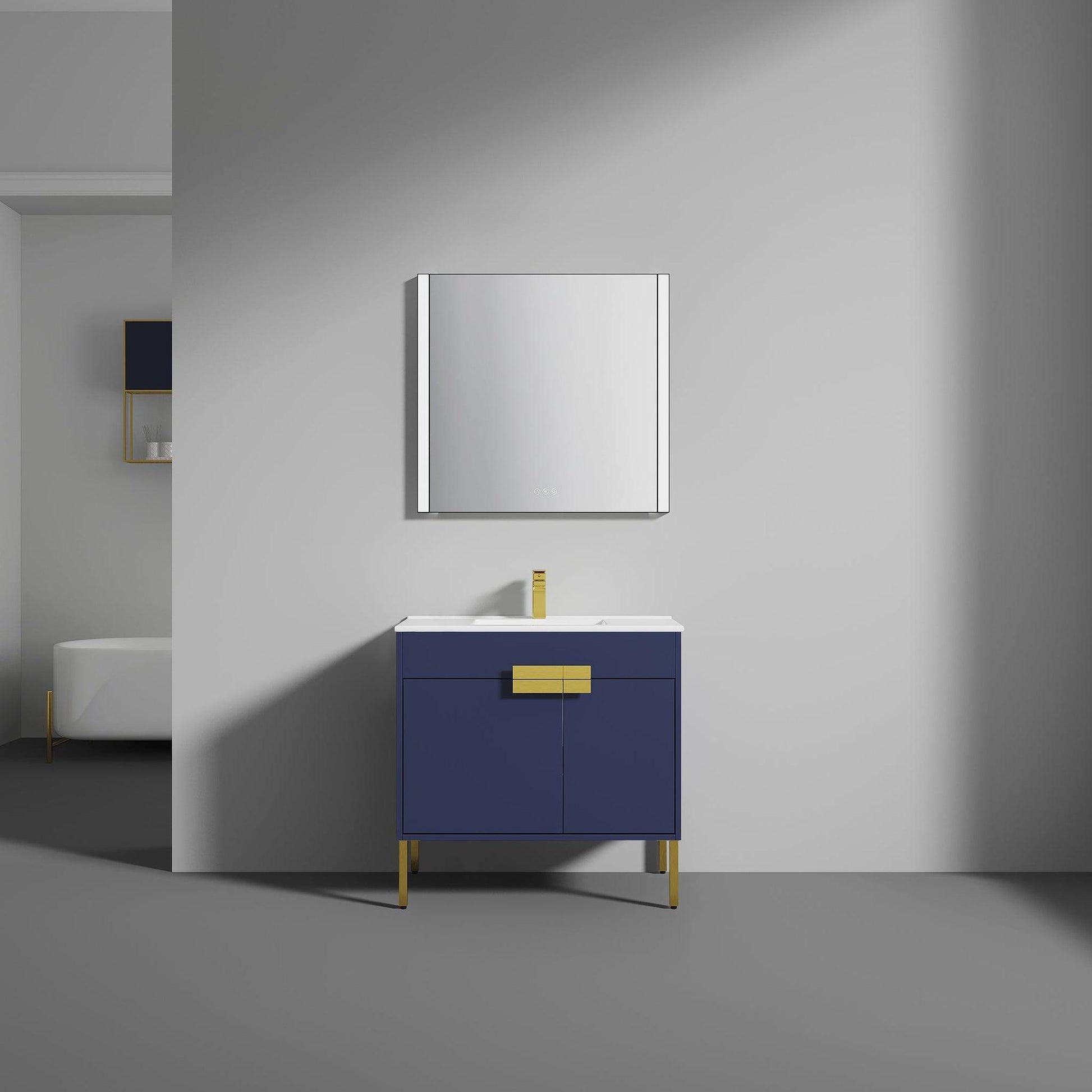 Blossom Bari 36" 2-Door Navy Blue Freestanding Single Vanity Base With Adjustable Shelf, Brushed Gold Handles & Legs
