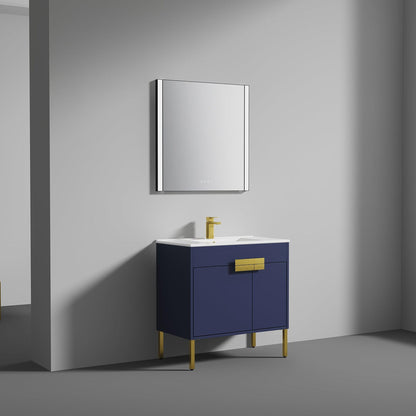 Blossom Bari 36" 2-Door Navy Blue Freestanding Single Vanity Base With Adjustable Shelf, Brushed Gold Handles & Legs