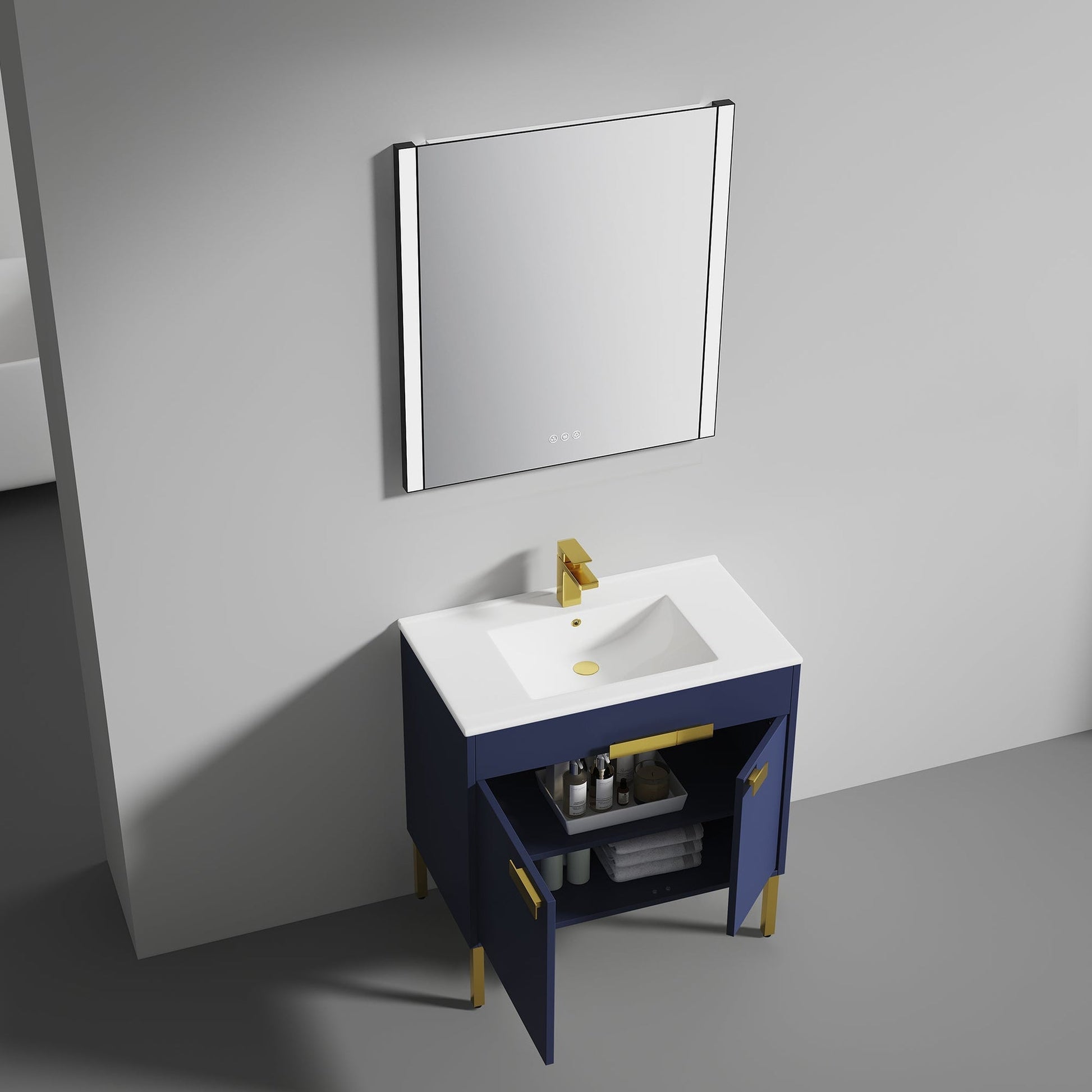 Blossom Bari 36" 2-Door Navy Blue Freestanding Single Vanity Base With Adjustable Shelf, Brushed Gold Handles & Legs