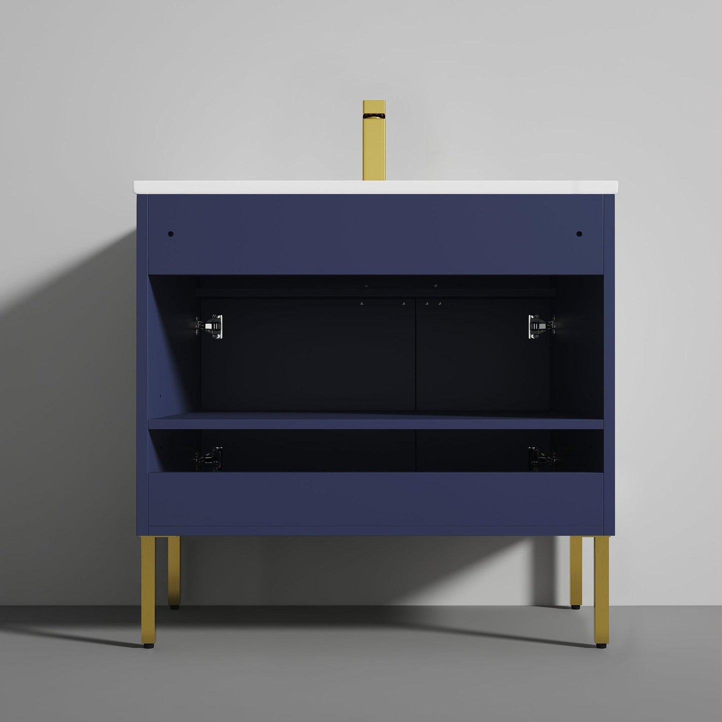 Blossom Bari 36" 2-Door Navy Blue Freestanding Single Vanity Base With Adjustable Shelf, Brushed Gold Handles & Legs