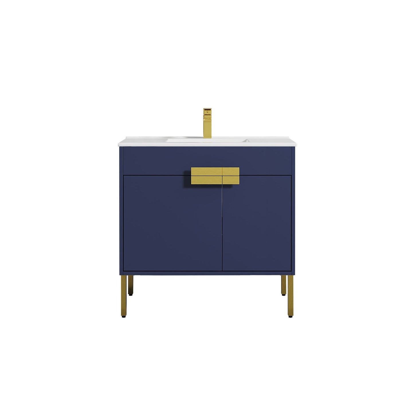 Blossom Bari 36" 2-Door Navy Blue Freestanding Single Vanity Base With Adjustable Shelf, Brushed Gold Handles & Legs