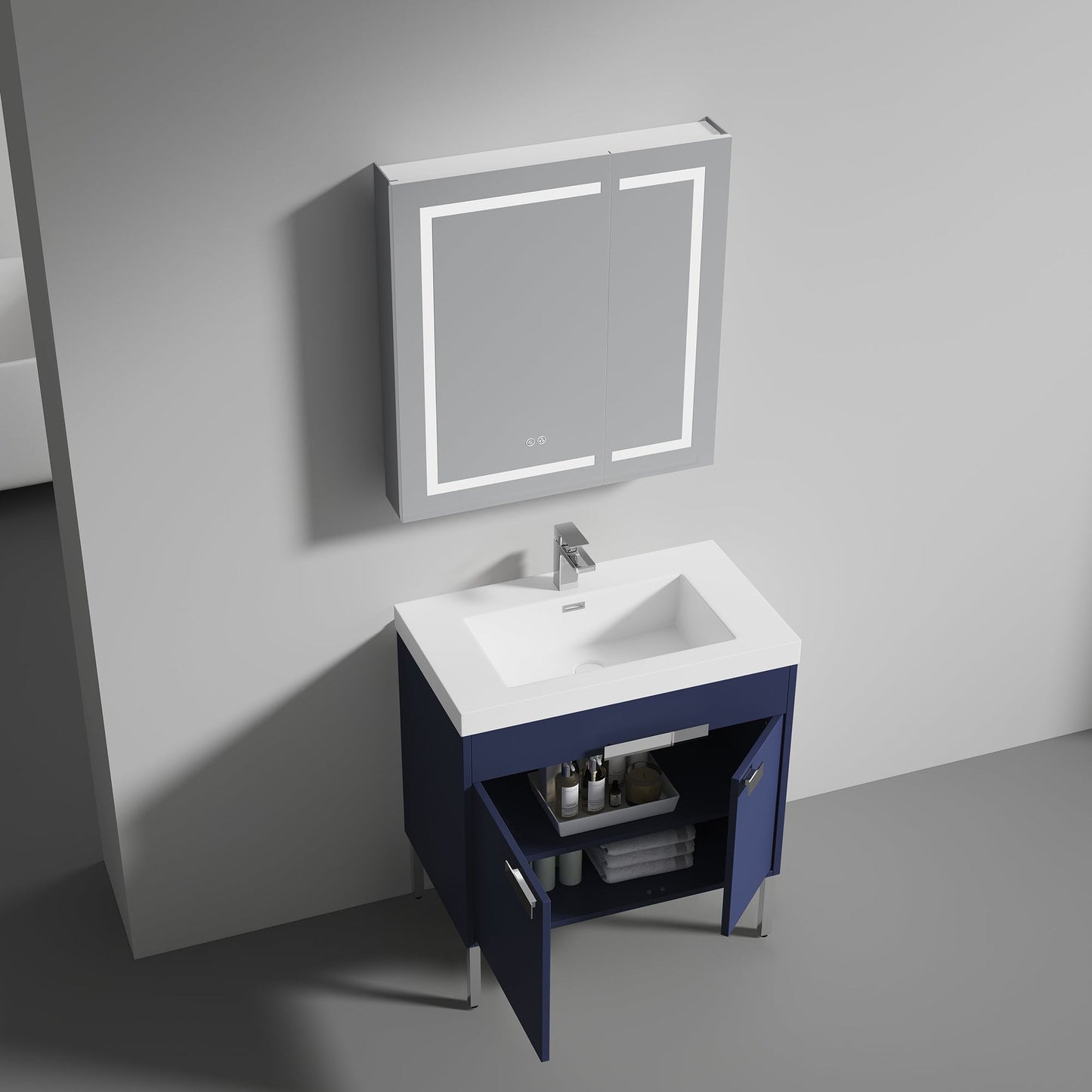 Blossom Bari 36" 2-Door Navy Blue Freestanding Single Vanity Base With Adjustable Shelf, Chrome Handles & Legs
