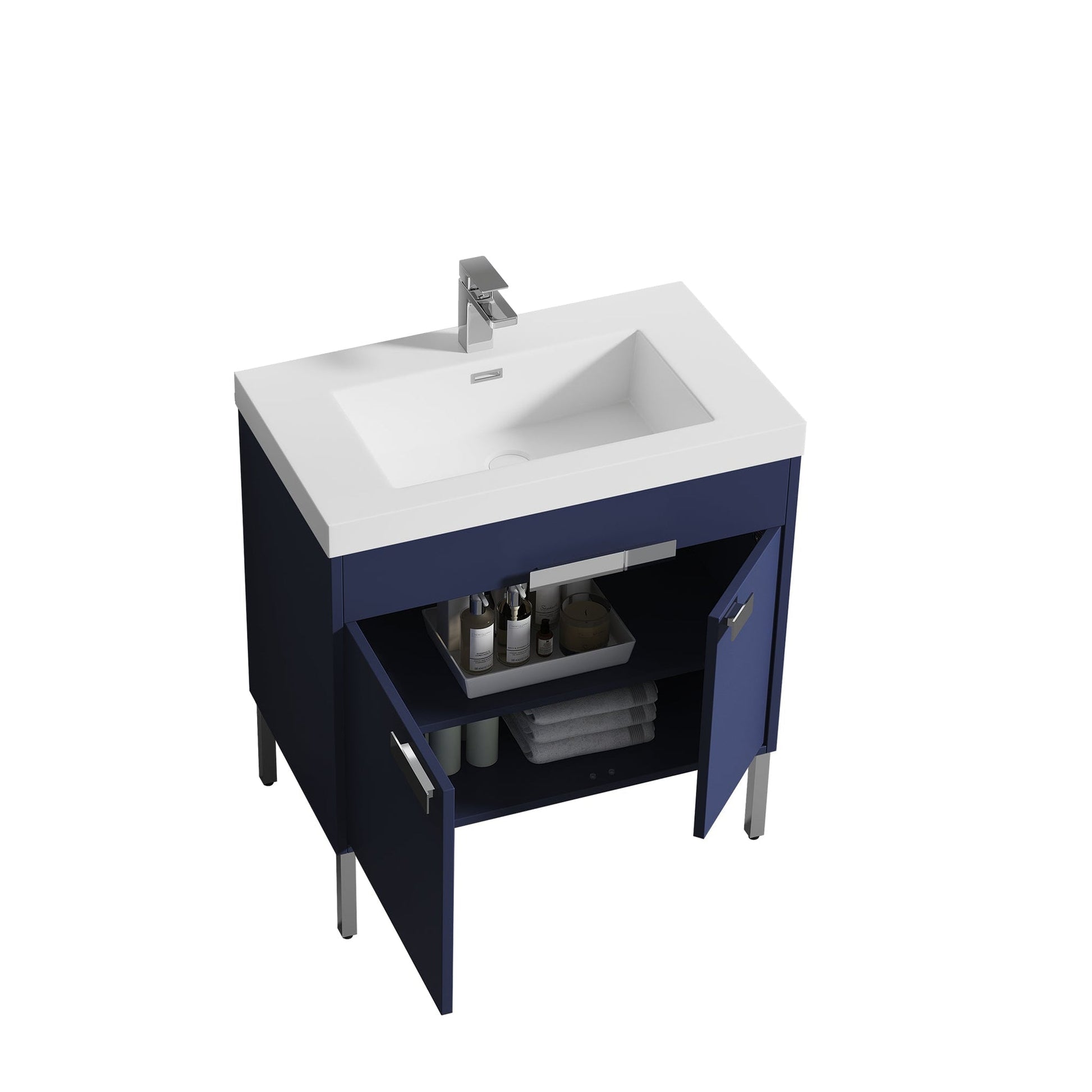 Blossom Bari 36" 2-Door Navy Blue Freestanding Single Vanity Base With Adjustable Shelf, Chrome Handles & Legs