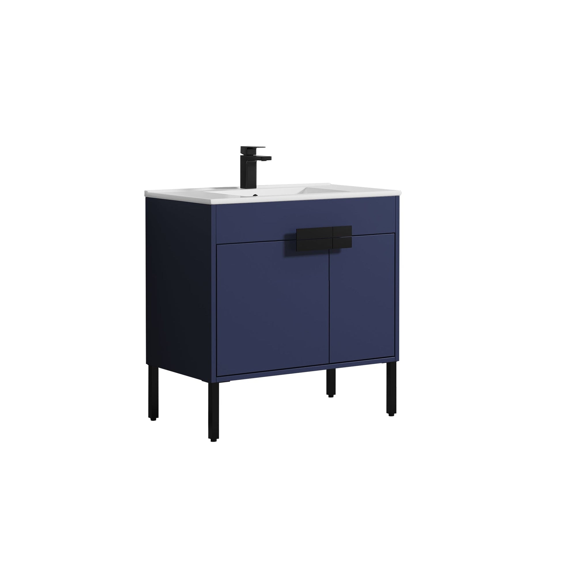 Blossom Bari 36" 2-Door Navy Blue Freestanding Single Vanity Base With Adjustable Shelf, Matte Black Handles & Legs