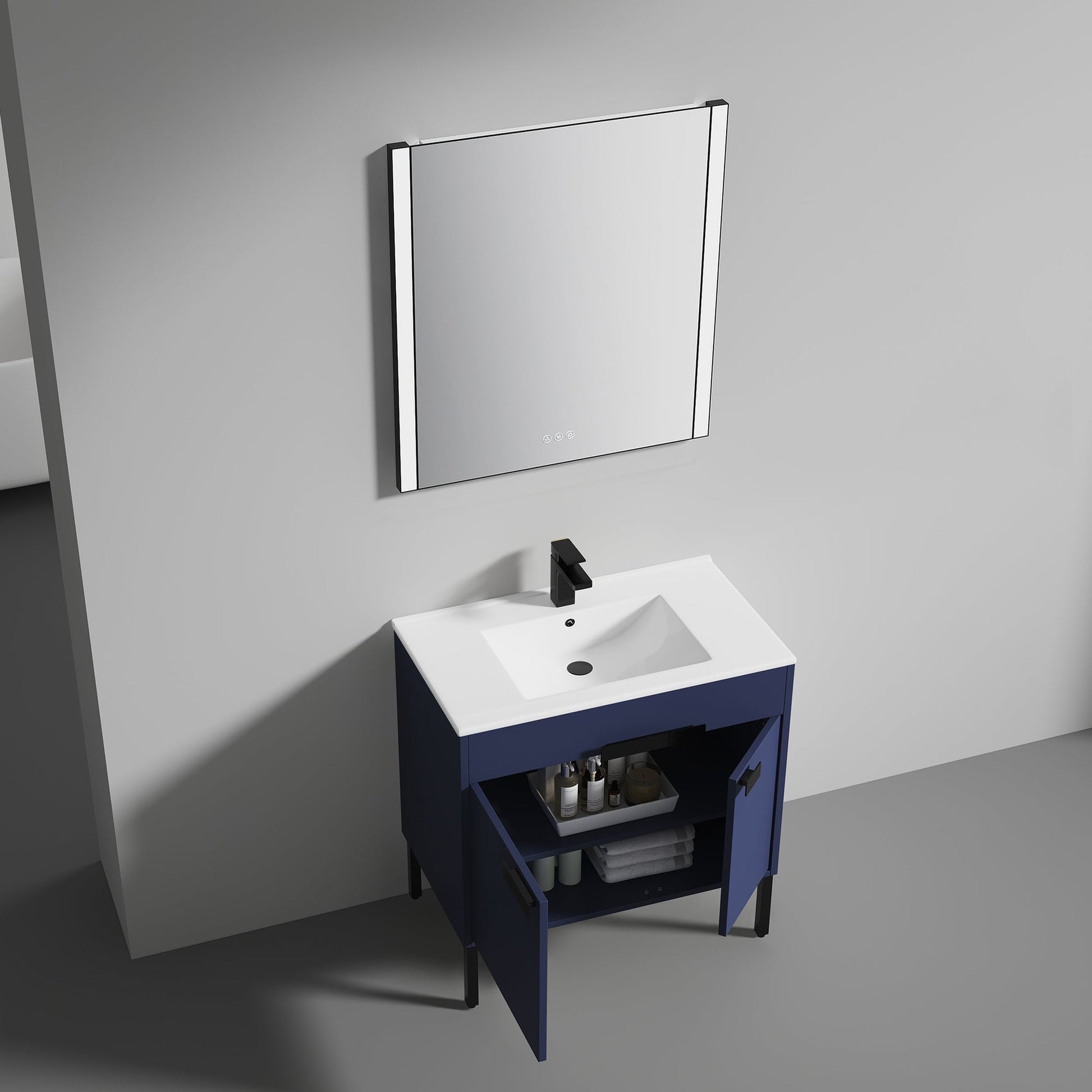 Blossom Bari 36" 2-Door Navy Blue Freestanding Single Vanity Base With Adjustable Shelf, Matte Black Handles & Legs