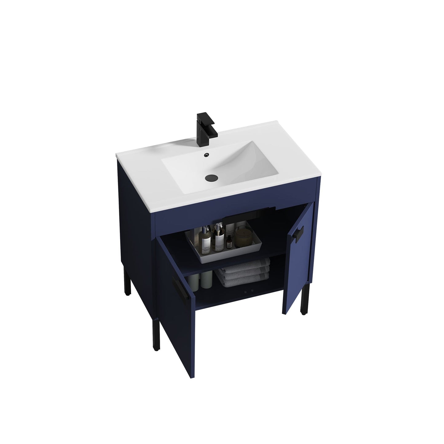 Blossom Bari 36" 2-Door Navy Blue Freestanding Single Vanity Base With Adjustable Shelf, Matte Black Handles & Legs