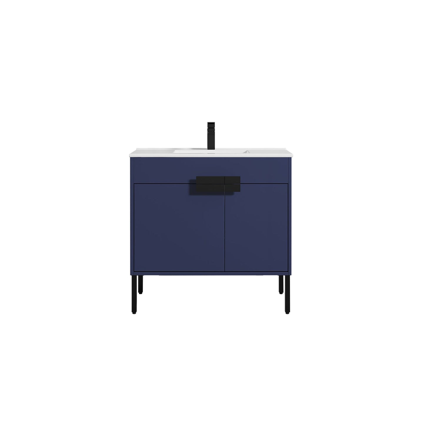 Blossom Bari 36" 2-Door Navy Blue Freestanding Single Vanity Base With Adjustable Shelf, Matte Black Handles & Legs