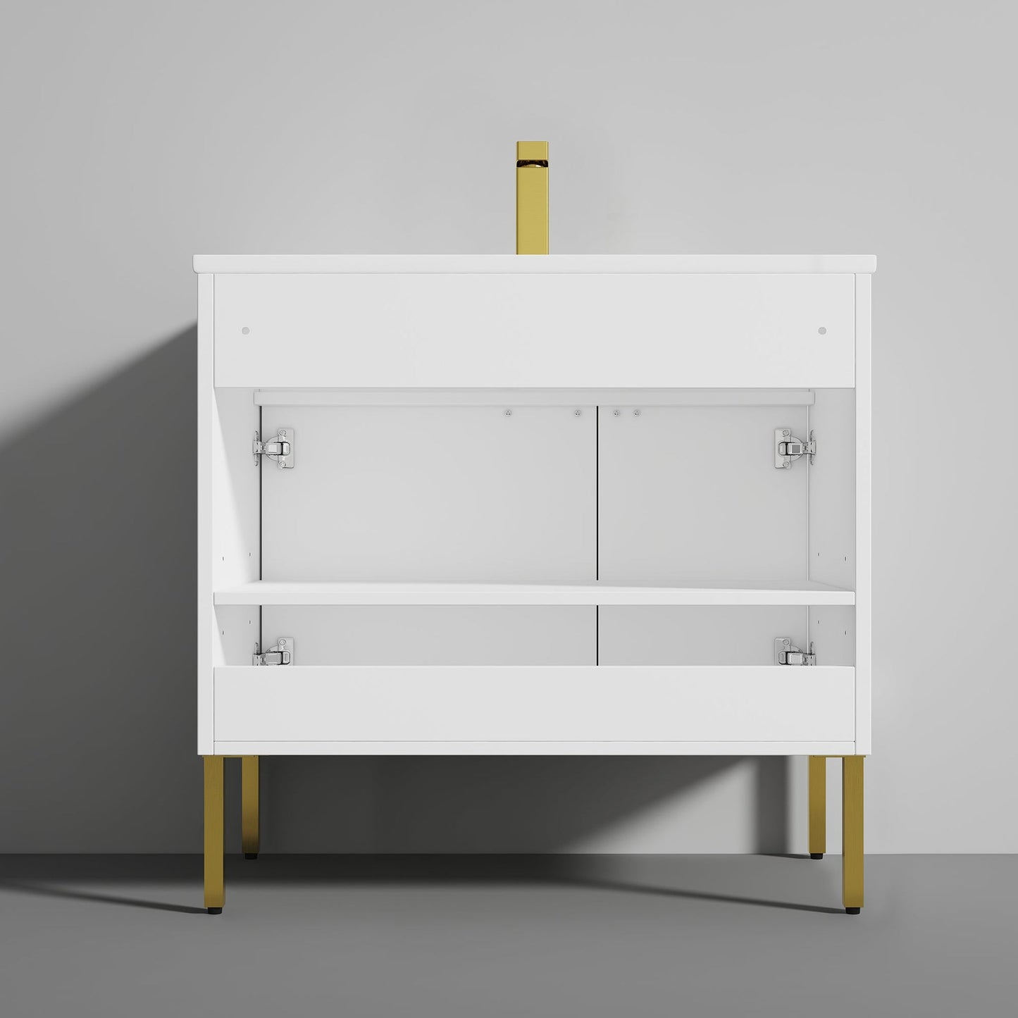Blossom Bari 36" 2-Door White Freestanding Single Vanity Base With Adjustable Shelf, Brushed Gold Handles & Legs