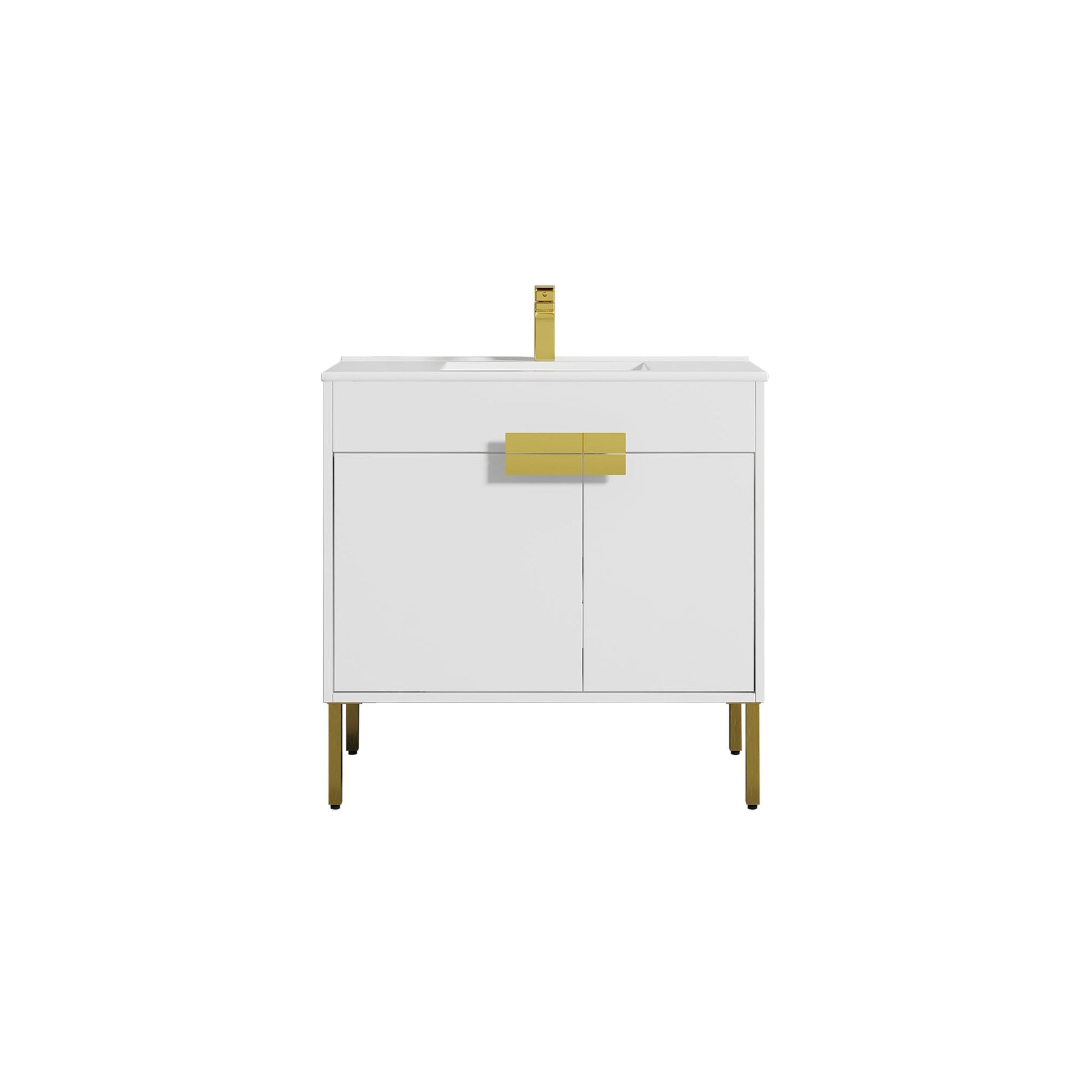 Blossom Bari 36" 2-Door White Freestanding Single Vanity Base With Adjustable Shelf, Brushed Gold Handles & Legs