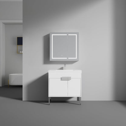 Blossom Bari 36" 2-Door White Freestanding Single Vanity Base With Adjustable Shelf, Chrome Handles & Legs
