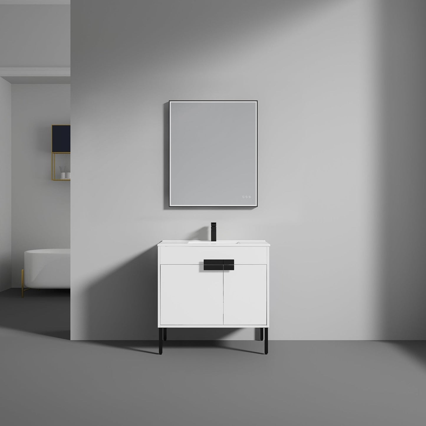 Blossom Bari 36" 2-Door White Freestanding Single Vanity Base With Adjustable Shelf, Matte Black Handles & Legs