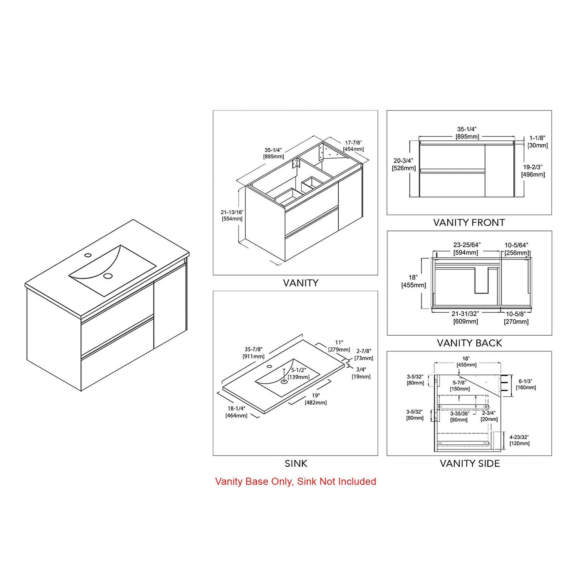 Blossom Berlin 36" 1-Door 2-Drawer Glossy White & Glossy Grey Wall-Mounted Vanity Base