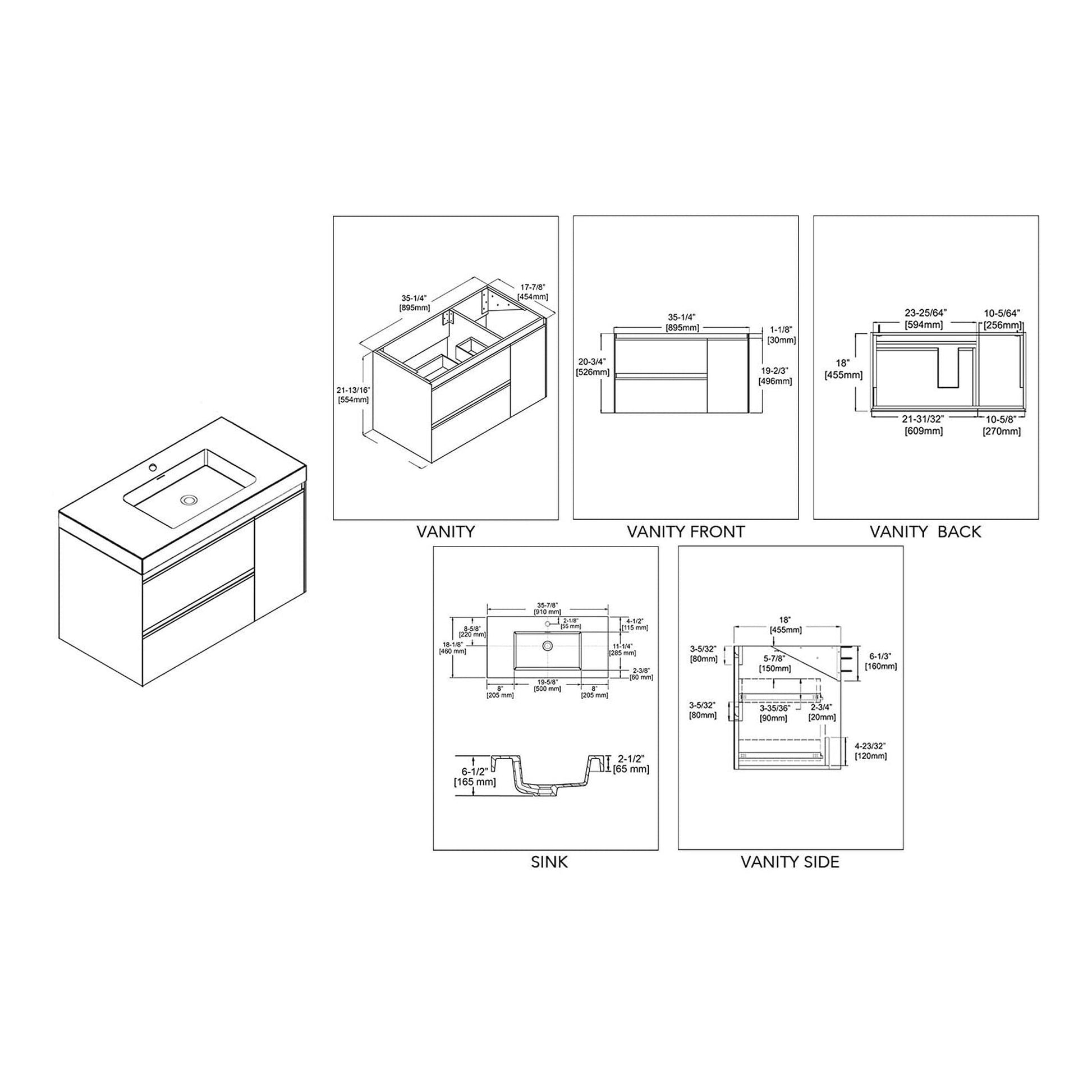 Blossom Berlin 36" 1-Door 2-Drawer Glossy White & Glossy Grey Wall-Mounted Vanity Set With Acrylic Top And Integrated Single Sink